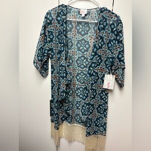 LuLaRoe NWT Monroe Bohemian Sheer Blue Kimono with Fringe, size S